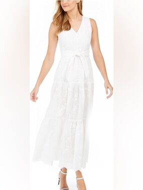 Calvin Klein White Sleeveless V-Neck Maxi Dress Waist Tie Size 6 100% Cotton